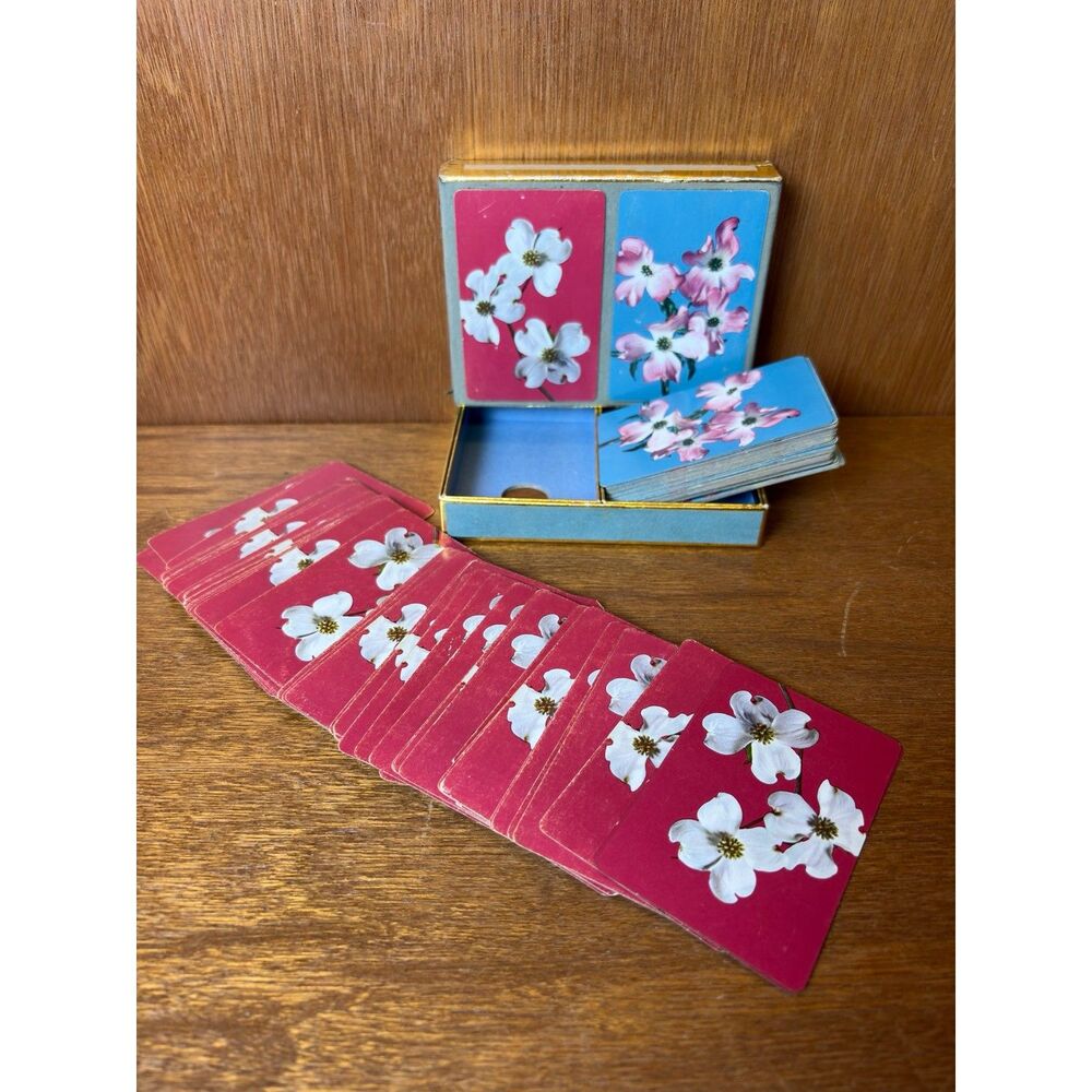 Vintage Double Deck of Floral Playing Cards + Case -- US Playing Card Company